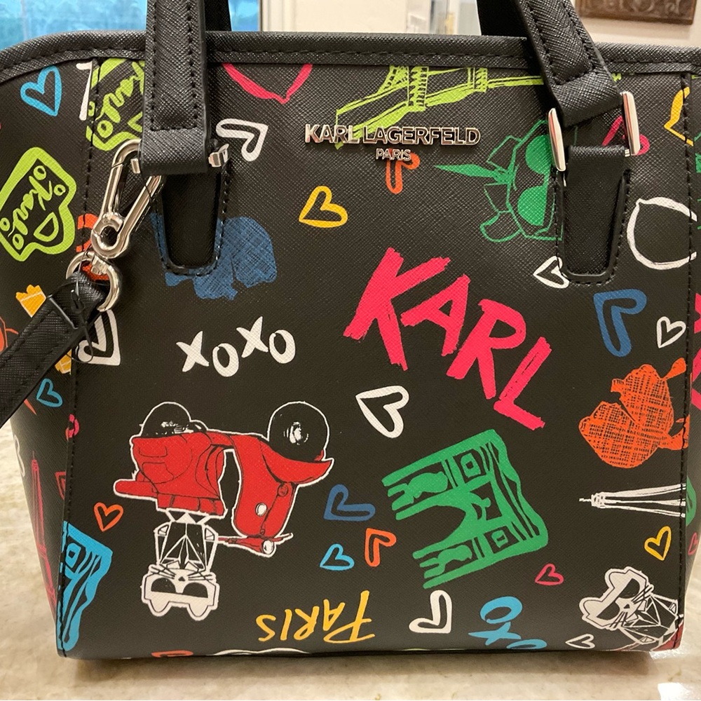 Karl Lagerfeld Black with Multicolor Graphics Tote, PARIS